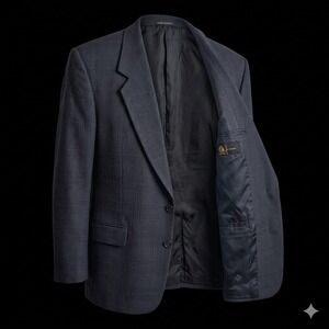 Vintage Pierre Balmain Mens 100% Wool Blazer Navy Blue Plaid Sport Coat 44R